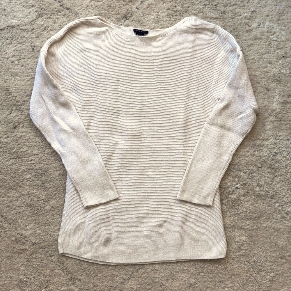 Theory Cream Boatneck Ribbed Long Sleeve Sweater